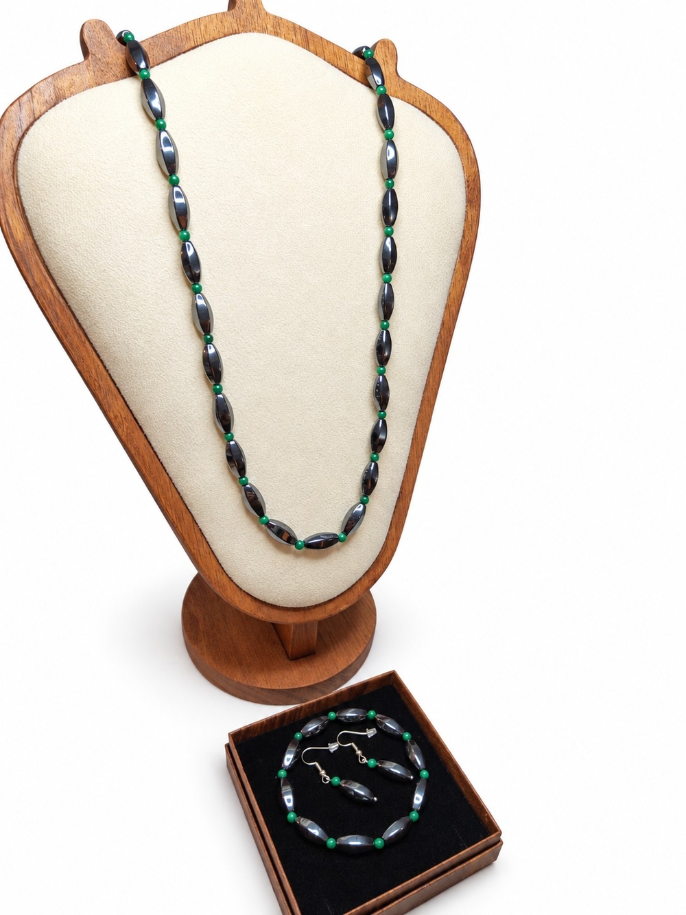 Malachite and Hematite Beaded Necklace, Bracelet & Earring Set - Women Jewelry